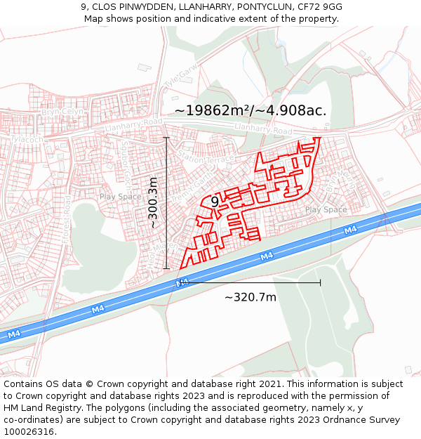 9, CLOS PINWYDDEN, LLANHARRY, PONTYCLUN, CF72 9GG: Plot and title map