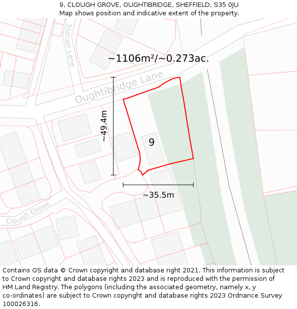 9, CLOUGH GROVE, OUGHTIBRIDGE, SHEFFIELD, S35 0JU: Plot and title map