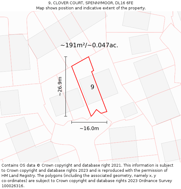9, CLOVER COURT, SPENNYMOOR, DL16 6FE: Plot and title map