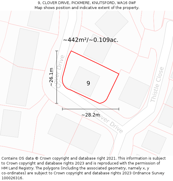 9, CLOVER DRIVE, PICKMERE, KNUTSFORD, WA16 0WF: Plot and title map