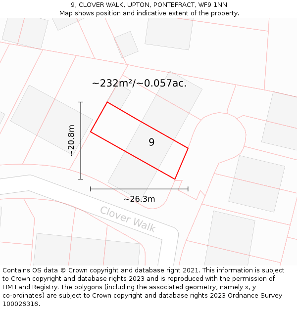 9, CLOVER WALK, UPTON, PONTEFRACT, WF9 1NN: Plot and title map