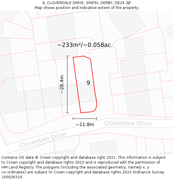 9, CLOVERDALE DRIVE, SINFIN, DERBY, DE24 3JP: Plot and title map