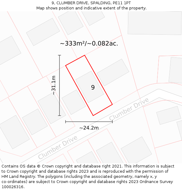 9, CLUMBER DRIVE, SPALDING, PE11 1PT: Plot and title map