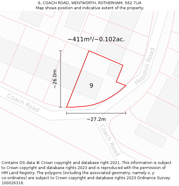 9, COACH ROAD, WENTWORTH, ROTHERHAM, S62 7UA: Plot and title map