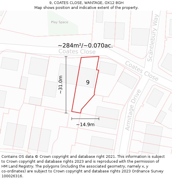 9, COATES CLOSE, WANTAGE, OX12 8GH: Plot and title map