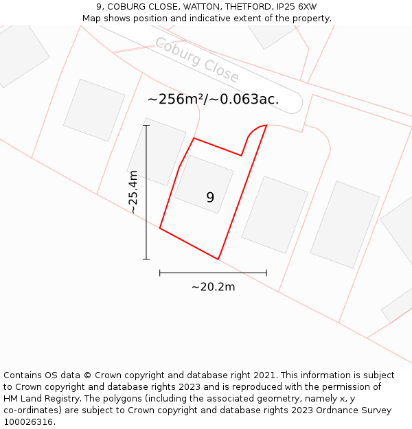 9, COBURG CLOSE, WATTON, THETFORD, IP25 6XW: Plot and title map