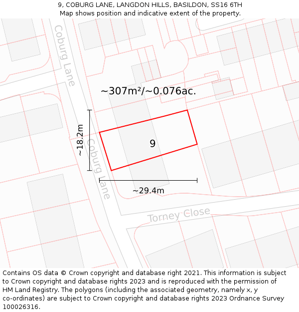 9, COBURG LANE, LANGDON HILLS, BASILDON, SS16 6TH: Plot and title map