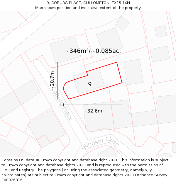 9, COBURG PLACE, CULLOMPTON, EX15 1XN: Plot and title map