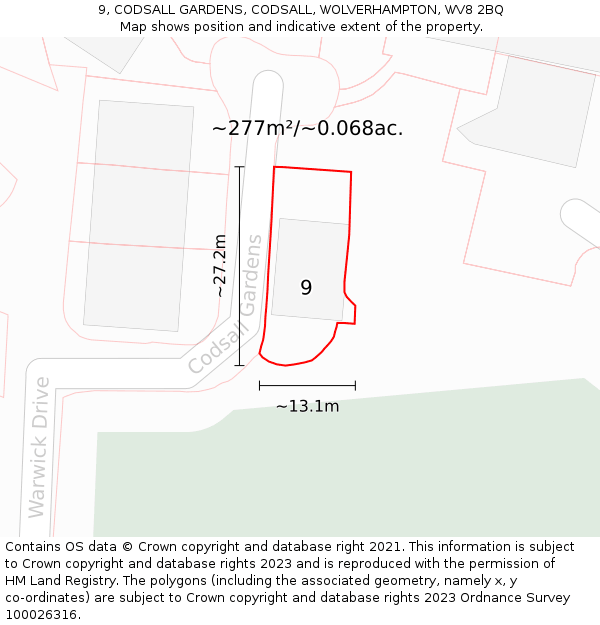 9, CODSALL GARDENS, CODSALL, WOLVERHAMPTON, WV8 2BQ: Plot and title map