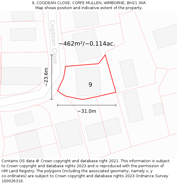 9, COGDEAN CLOSE, CORFE MULLEN, WIMBORNE, BH21 3XA: Plot and title map