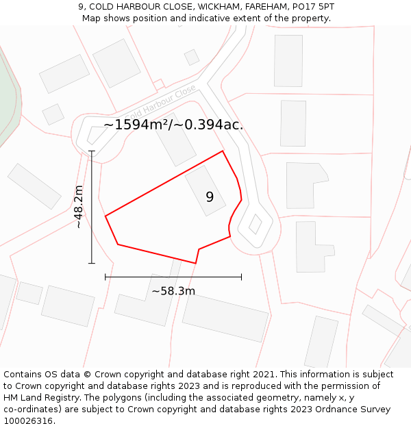 9, COLD HARBOUR CLOSE, WICKHAM, FAREHAM, PO17 5PT: Plot and title map