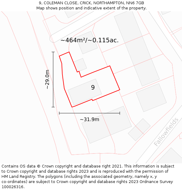 9, COLEMAN CLOSE, CRICK, NORTHAMPTON, NN6 7GB: Plot and title map