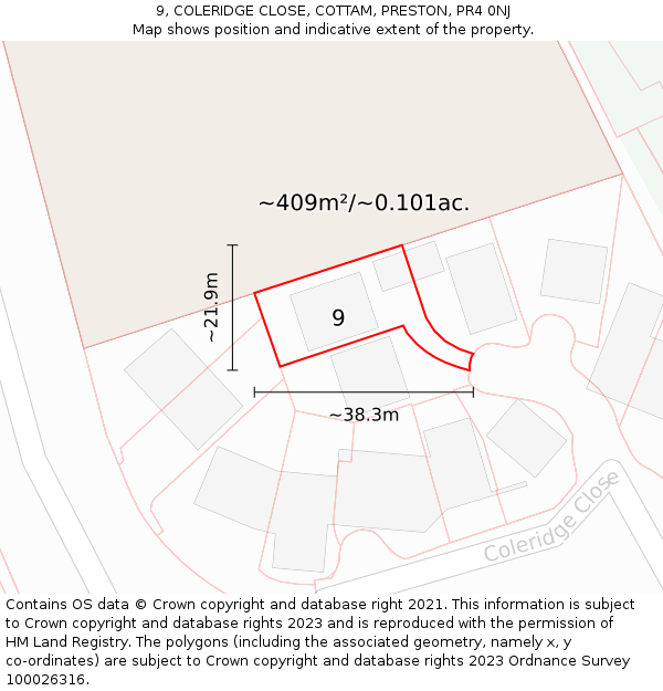 9, COLERIDGE CLOSE, COTTAM, PRESTON, PR4 0NJ: Plot and title map