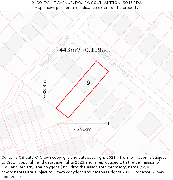 9, COLEVILLE AVENUE, FAWLEY, SOUTHAMPTON, SO45 1DA: Plot and title map