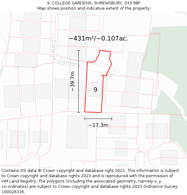 9, COLLEGE GARDENS, SHREWSBURY, SY3 9BF: Plot and title map
