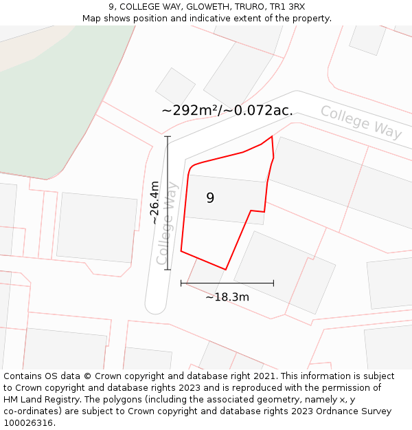 9, COLLEGE WAY, GLOWETH, TRURO, TR1 3RX: Plot and title map