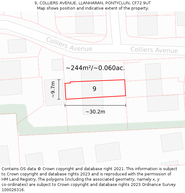 9, COLLIERS AVENUE, LLANHARAN, PONTYCLUN, CF72 9UT: Plot and title map