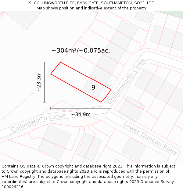 9, COLLINGWORTH RISE, PARK GATE, SOUTHAMPTON, SO31 1DD: Plot and title map