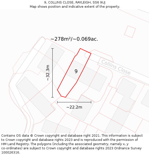 9, COLLINS CLOSE, RAYLEIGH, SS6 9UJ: Plot and title map