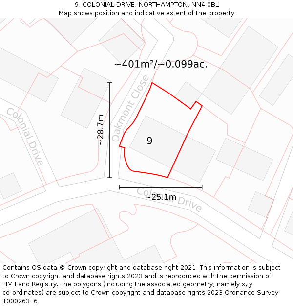 9, COLONIAL DRIVE, NORTHAMPTON, NN4 0BL: Plot and title map