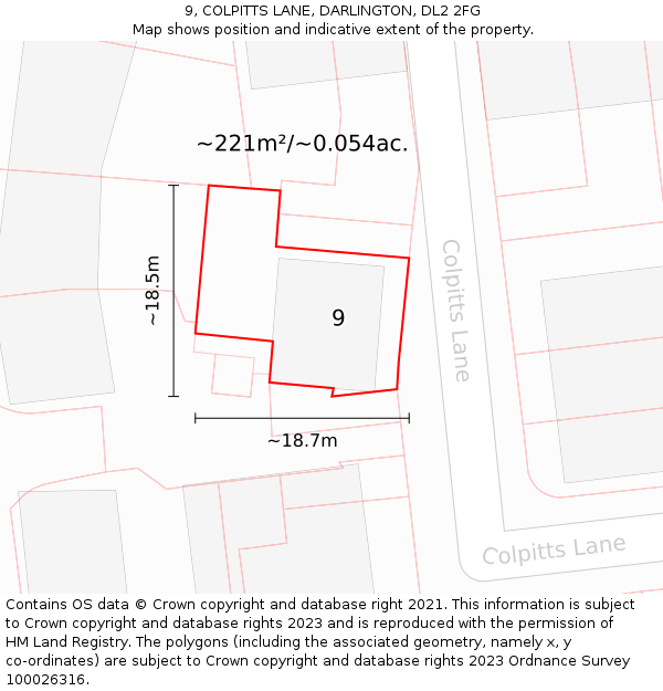 9, COLPITTS LANE, DARLINGTON, DL2 2FG: Plot and title map