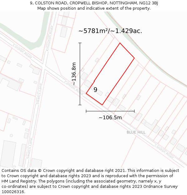 9, COLSTON ROAD, CROPWELL BISHOP, NOTTINGHAM, NG12 3BJ: Plot and title map