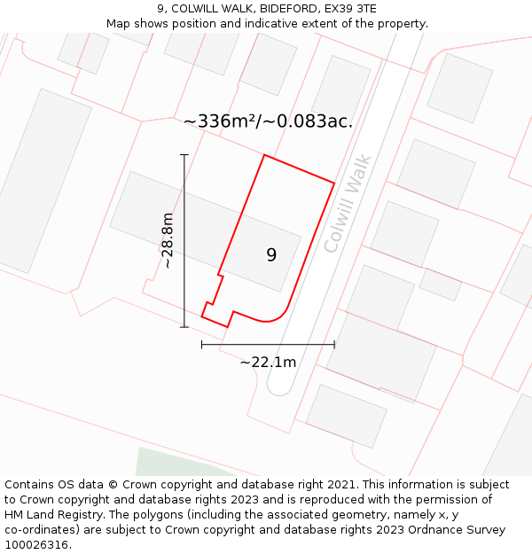 9, COLWILL WALK, BIDEFORD, EX39 3TE: Plot and title map
