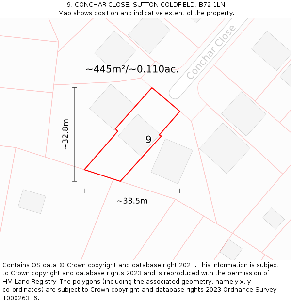 9, CONCHAR CLOSE, SUTTON COLDFIELD, B72 1LN: Plot and title map