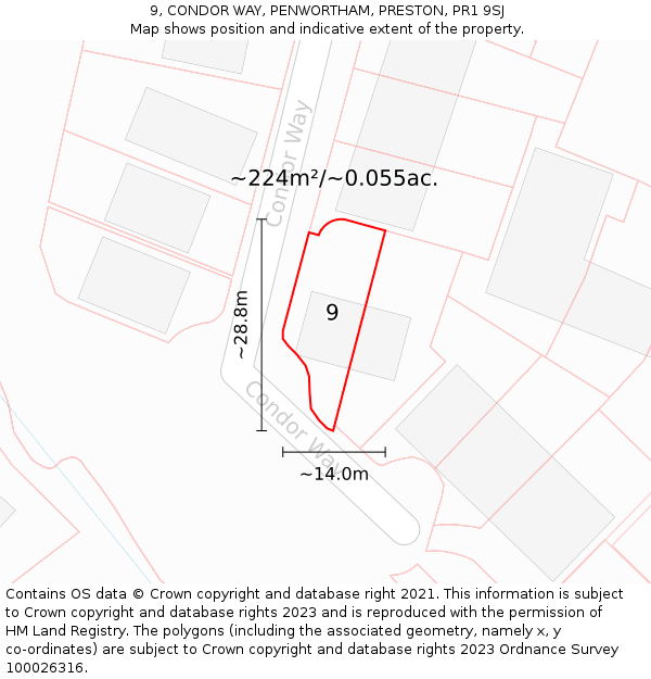 9, CONDOR WAY, PENWORTHAM, PRESTON, PR1 9SJ: Plot and title map