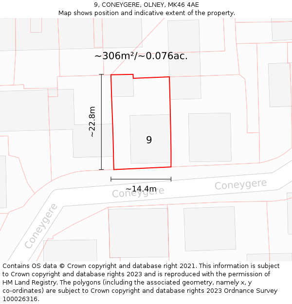 9, CONEYGERE, OLNEY, MK46 4AE: Plot and title map
