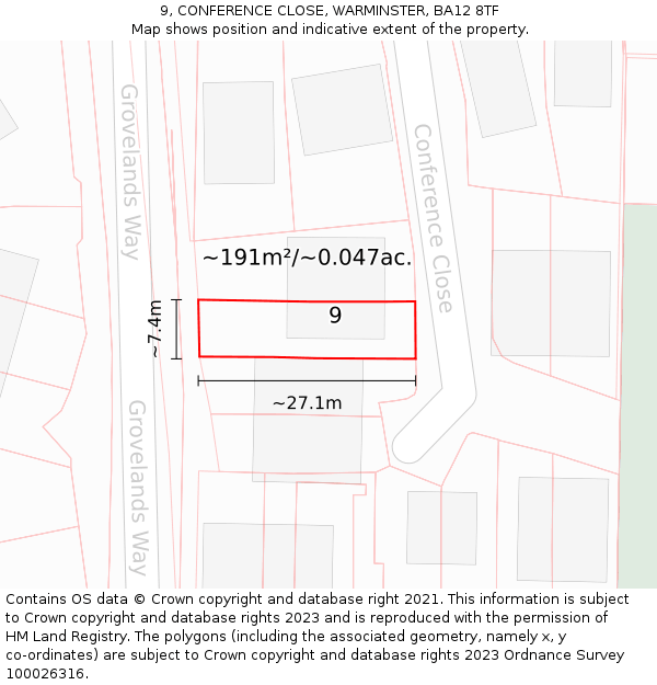 9, CONFERENCE CLOSE, WARMINSTER, BA12 8TF: Plot and title map
