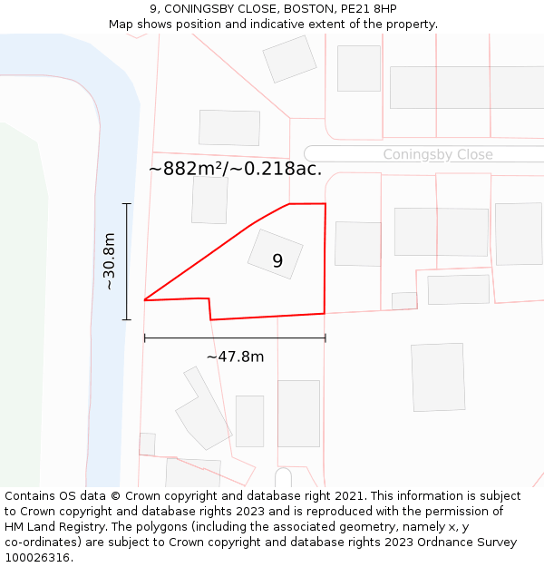 9, CONINGSBY CLOSE, BOSTON, PE21 8HP: Plot and title map