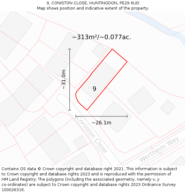 9, CONISTON CLOSE, HUNTINGDON, PE29 6UD: Plot and title map