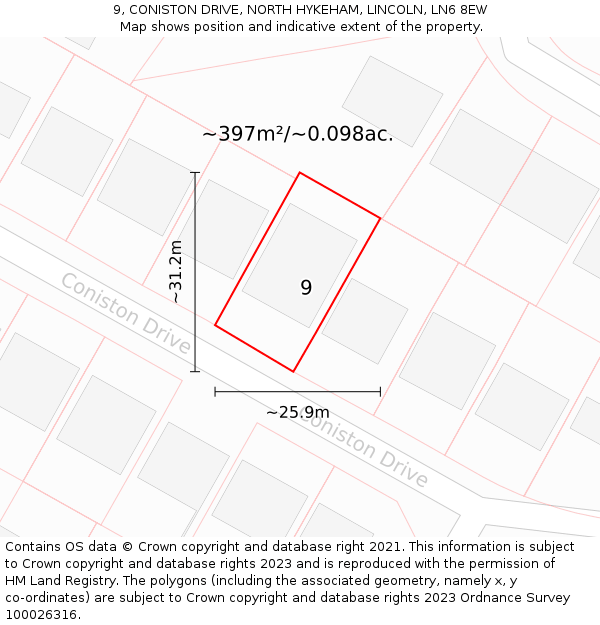 9, CONISTON DRIVE, NORTH HYKEHAM, LINCOLN, LN6 8EW: Plot and title map