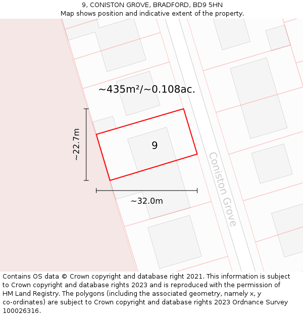 9, CONISTON GROVE, BRADFORD, BD9 5HN: Plot and title map