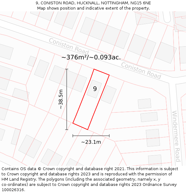 9, CONISTON ROAD, HUCKNALL, NOTTINGHAM, NG15 6NE: Plot and title map