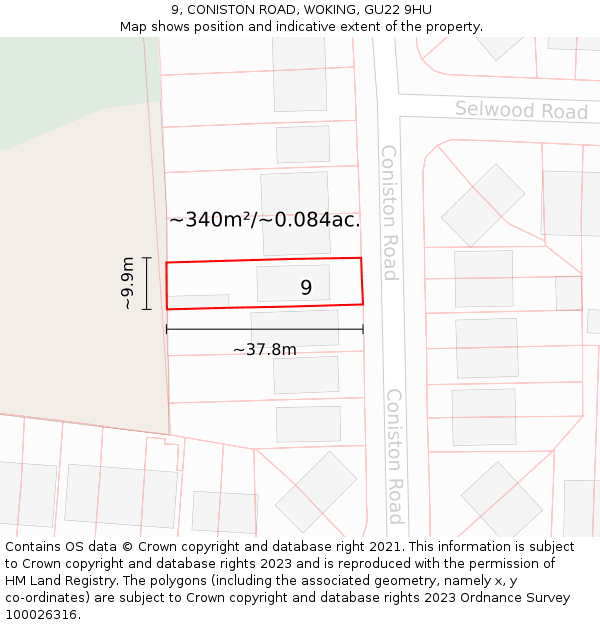 9, CONISTON ROAD, WOKING, GU22 9HU: Plot and title map