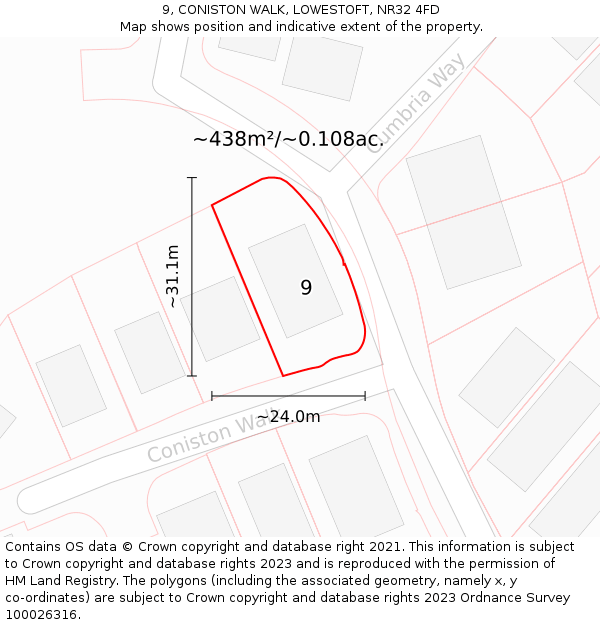 9, CONISTON WALK, LOWESTOFT, NR32 4FD: Plot and title map