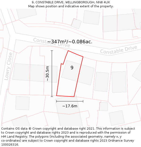 9, CONSTABLE DRIVE, WELLINGBOROUGH, NN8 4UX: Plot and title map