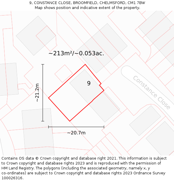 9, CONSTANCE CLOSE, BROOMFIELD, CHELMSFORD, CM1 7BW: Plot and title map