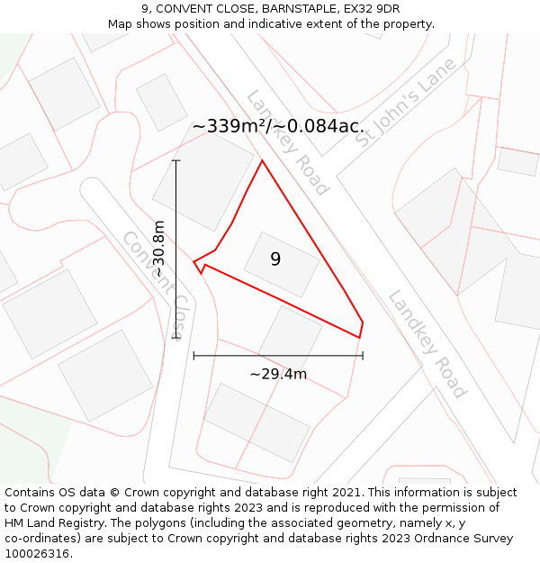 9, CONVENT CLOSE, BARNSTAPLE, EX32 9DR: Plot and title map
