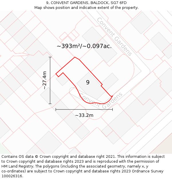 9, CONVENT GARDENS, BALDOCK, SG7 6FD: Plot and title map