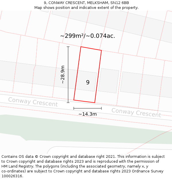 9, CONWAY CRESCENT, MELKSHAM, SN12 6BB: Plot and title map