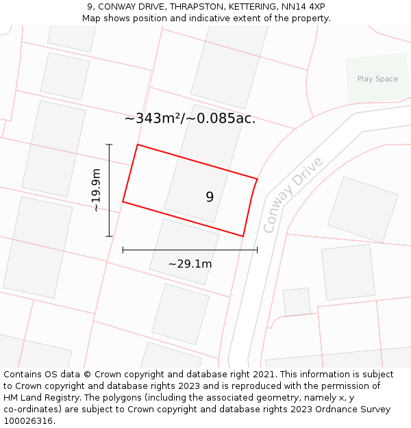 9, CONWAY DRIVE, THRAPSTON, KETTERING, NN14 4XP: Plot and title map