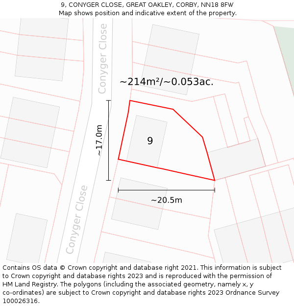 9, CONYGER CLOSE, GREAT OAKLEY, CORBY, NN18 8FW: Plot and title map