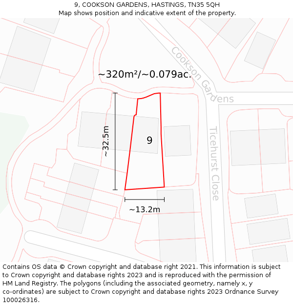 9, COOKSON GARDENS, HASTINGS, TN35 5QH: Plot and title map