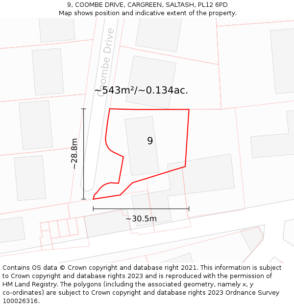 9, COOMBE DRIVE, CARGREEN, SALTASH, PL12 6PD: Plot and title map