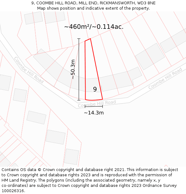 9, COOMBE HILL ROAD, MILL END, RICKMANSWORTH, WD3 8NE: Plot and title map