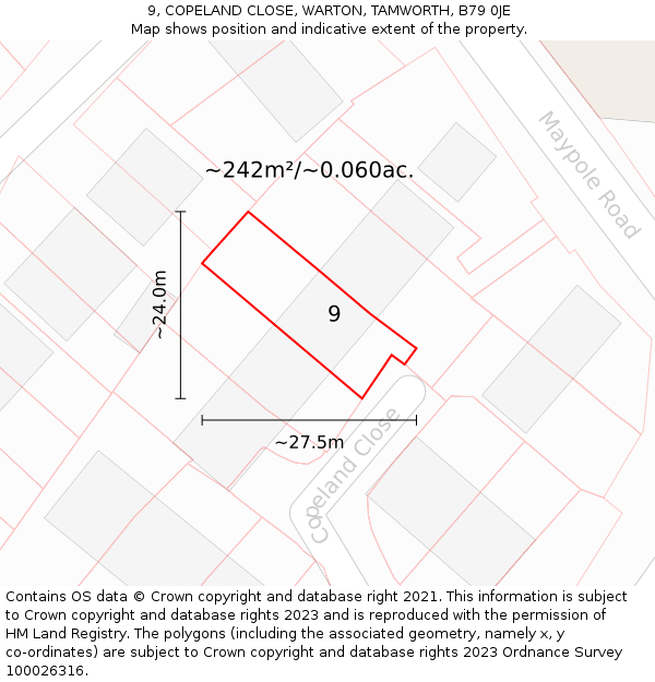 9, COPELAND CLOSE, WARTON, TAMWORTH, B79 0JE: Plot and title map