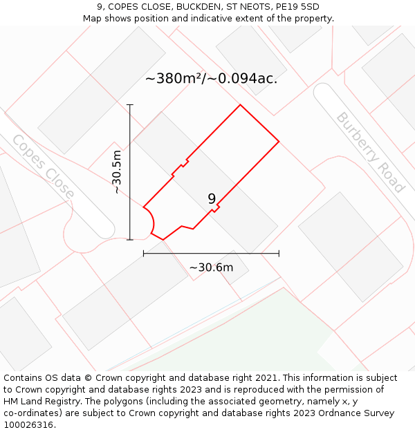 9, COPES CLOSE, BUCKDEN, ST NEOTS, PE19 5SD: Plot and title map